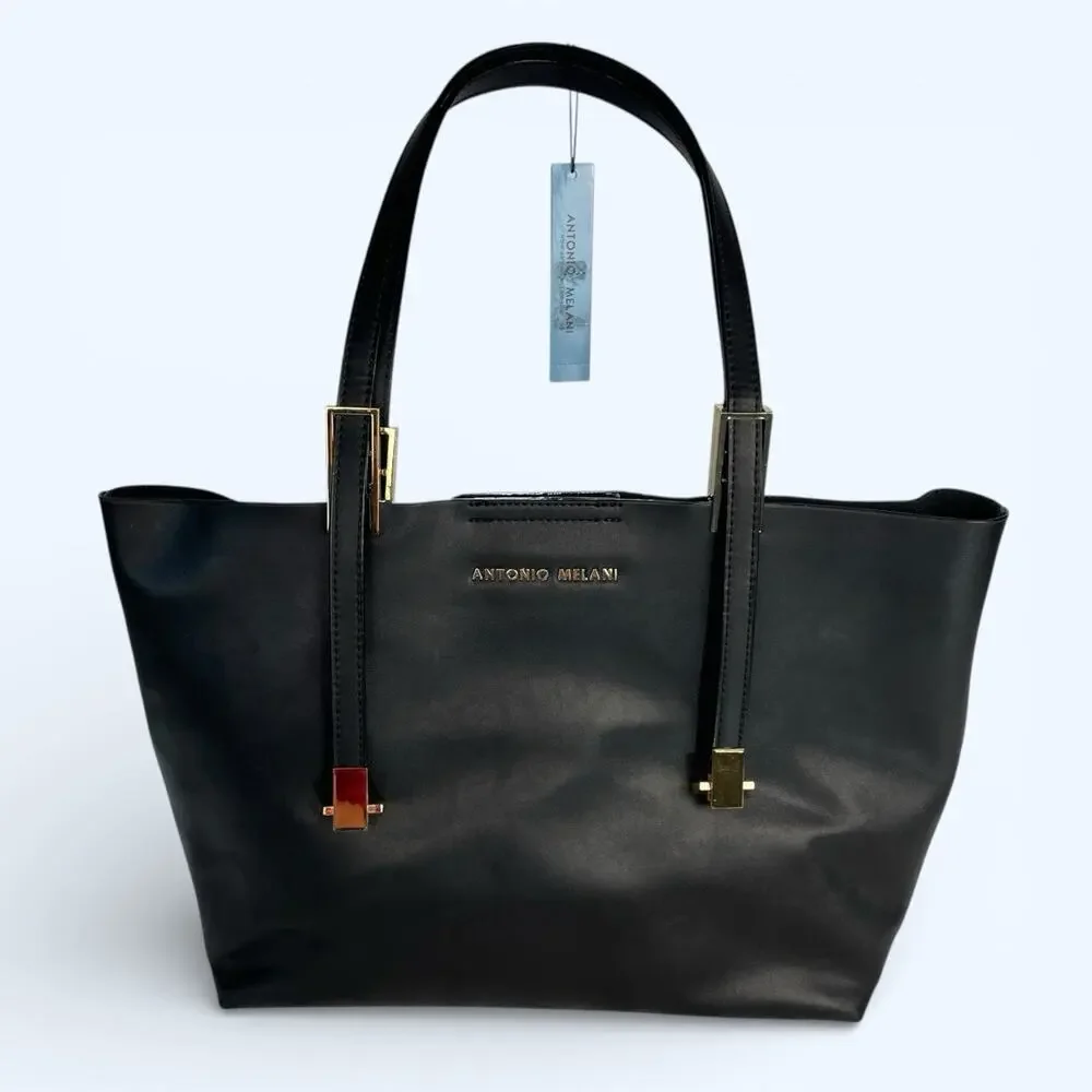 Antonio Melani Anna Tote Bag Purse Black Faux Leather Gold Hardware